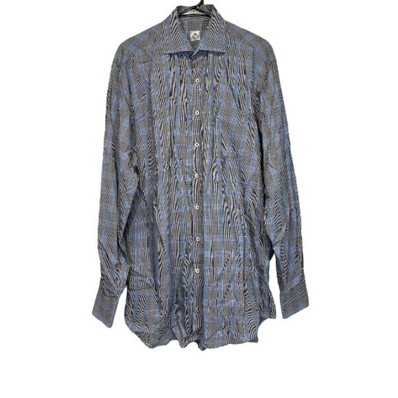 Peter‎ Millar Gray & Blue Plaid Striped Long Sleeve Button Down Shirt Size L T - Picture 1 of 7